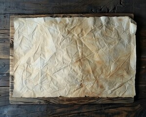 A sheet of rice paper stretched on a wooden board. Crumpled wrapping paper. Kraft packing paper background texture