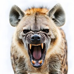 Hyena threatening face front white background