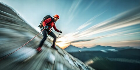 Silhouette of climber reaching mountain summit at sunrise