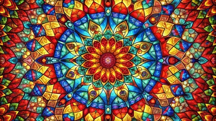 Vibrant mandala background featuring a mesmerizing stained glass effect with primary colors, creating a kaleidoscope art design that bursts with dynamic energy and artistic flair.