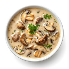 Mushroom Soup Dish isolated On White Background, Top View