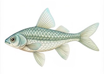 Delicate outline of a small minnow fish with intricate scales and fins, set against a soft white background, emphasizing its gentle and serene nature.
