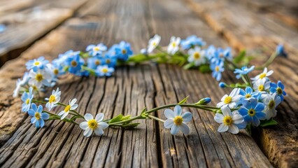 Delicate daisy chain adorned with tiny forget-me-nots, gently resting on a worn, rustic wooden table, evoking a sense of whimsical, rustic, and peaceful simplicity.
