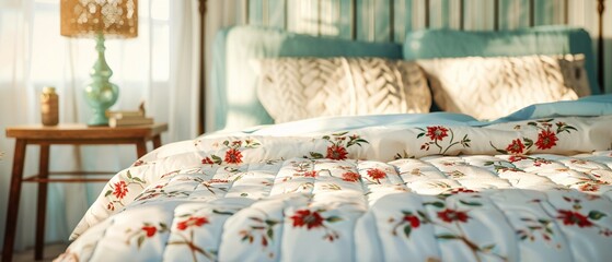 A vintage bed with pastel quilts, adorned with embroidered animal designs, realistic, muted tones, natural light, intricate details 8K , high-resolution, ultra HD,up32K HD