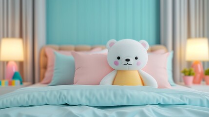 A cozy bed with pastel sheets, surrounded by soft animal plush toys, realistic, bright hues, natural light, high detail 8K , high-resolution, ultra HD,up32K HD