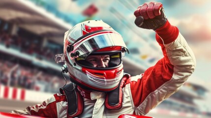 Race car driver celebrating a win