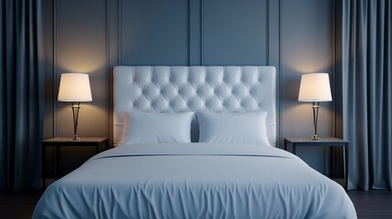 A spacious kingsize bed with luxurious satin sheets, a contemporary bedside lamp, and elegant decor, realistic, cool tones, natural light, high detail 8K , high-resolution, ultra HD,up32K HD