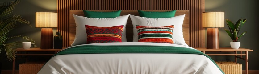 A bohemianstyle bed with eclectic cushions, woven storage boxes, and vibrant bedding, realistic, rich colors, warm ambient light, high detail 8K , high-resolution, ultra HD,up32K HD