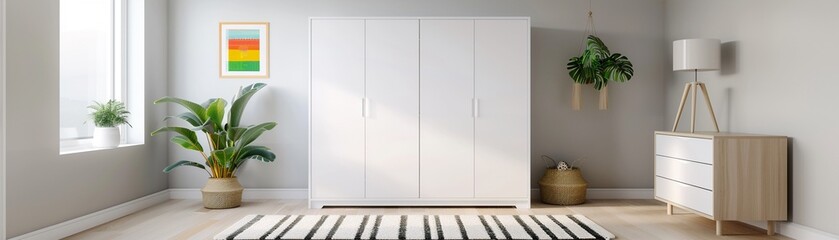 A white Scandinavianstyle wardrobe, black and white wall art, and a vibrant playmat with animal prints, realistic, cool tones, natural lighting, high detail 8K , high-resolution, ultra HD,up32K HD