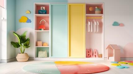 A spacious wardrobe with open shelves, colorful abstract wall art, and a playful alphabet playmat, realistic, bright hues, natural light, intricate details 8K , high-resolution, ultra HD,up32K HD