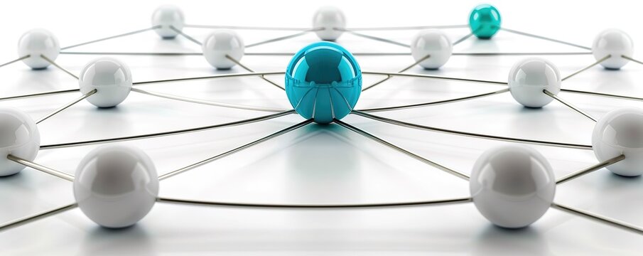 Abstract illustration of a network with interconnected spheres. One sphere is blue, representing a central hub or connection point.