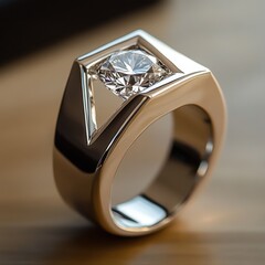 Geometric Brilliance: A modern men's engagement ring featuring a brilliant-cut diamond encased in a geometric, architectural setting, crafted in gleaming white gold. 