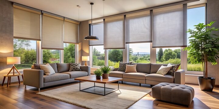 Modern interior with sleek roller blinds covering large windows, providing privacy and blocking out light, creating a cozy and peaceful atmosphere.