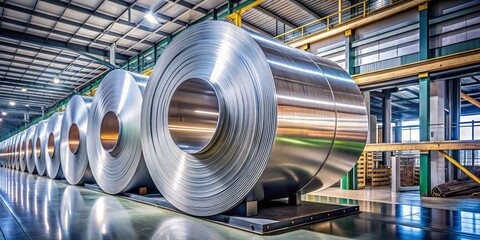 Polished stainless steel coil unwinds from a massive roll, showcasing its shiny, reflective surface and intricate spiral pattern in a modern industrial setting.