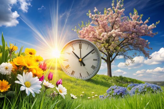 Concept, daylight saving time. Sommer time, winter time, changeover, switch of time. Sommer or winter time. Clock as a timer for celebrations. Spring flowers, grass, blue sky, green trees.