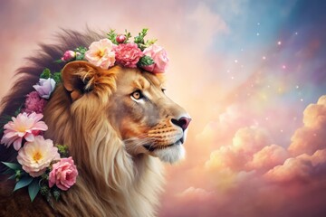 Majestic lion's regal profile adorned with colorful flowers on its head, set against a soft pastel pink background, exuding serene and whimsical atmosphere.