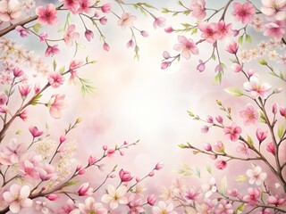 Fototapeta premium Delicate pink cherry blossom branches frame a whimsical watercolor border on a transparent background, evoking a sense of springtime wonder and ethereal beauty.