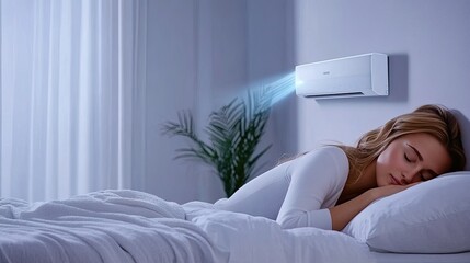 A young woman enjoys a restful sleep in her bed, comfortably cooled by the air conditioning unit above her