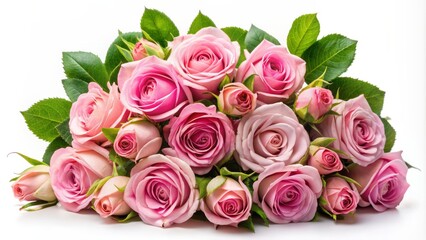 Naklejka premium Freshly picked pink rose flowers arranged beautifully in a stunning bouquet, delicate petals and greenery isolated on a pure white background.
