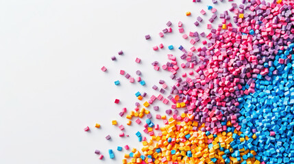 Fototapeta premium Top view of colorful polymer masterbatch granules, light background, industrial plastic template. Generative AI