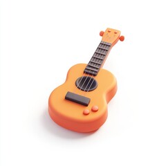 A small orange guitar with a black pick rests on a white background
