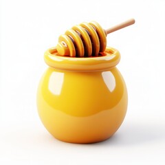 A yellow honey jar with a wooden stick in it