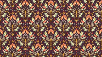 Ajrakh pattern featuring abstract design in watercolor damask style incorporating digital floral and geometric elements allover paisley ikat influences and ethnic batik inspired tex