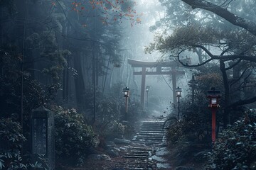 ai generative Torii gate in the dark forest of Japan