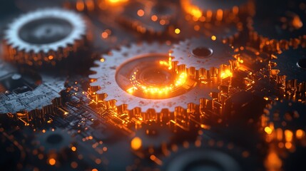 Gears working together forming a circuit board in orange light