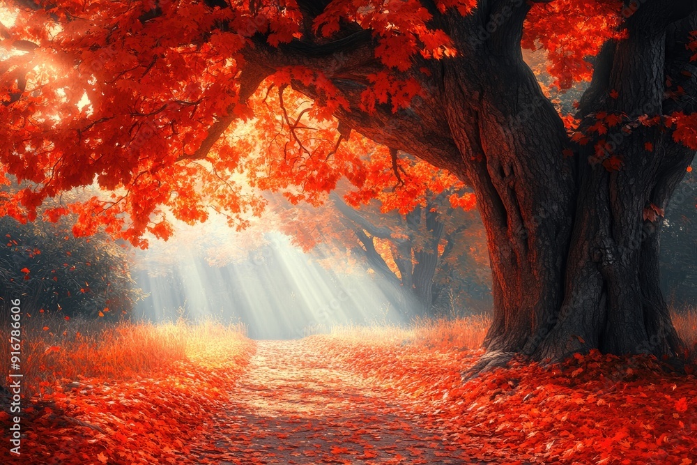 Poster sunlight shining through canopy of red maple trees on autumn path