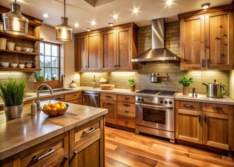 Fototapeta premium Cozy kitchen interior with rustic wooden cabinets, stainless steel appliances, and utensils, featuring a warm beige background and soft natural light filtering in.