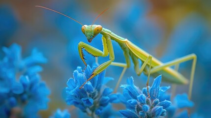 Praying mantis perched on vibrant blue flowers in natural habitat