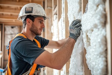 Construction worker installing thermal insulation material on walls