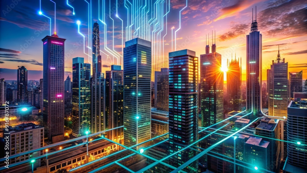 Poster vibrant neon lights swirl amidst futuristic skyscrapers, blending with coding patterns and circuit b