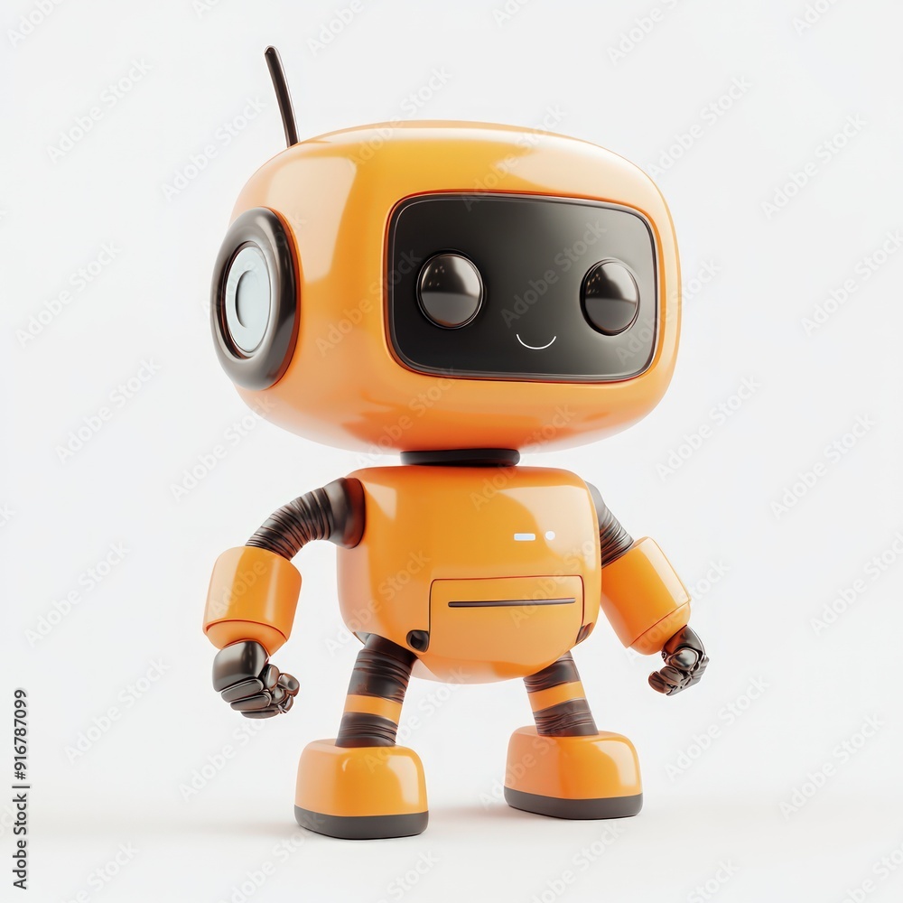 Poster a robot with a smile on its face stands on a white background