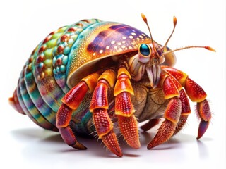Vibrant hermit crab with intricate shell patterns and vibrant claws poses on a stark white background, showcasing its unique natural beauty and colorful details.