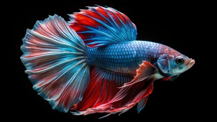 Fototapeta premium 8k, realistic photo, high detailed, macro view, beautiful betta fish underwater photography isolated on black background. Generative ai