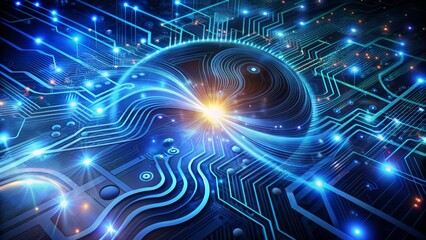 Fototapeta premium Futuristic digital technology background featuring swirling circuits, microchips, and glowing blue wires, representing innovative artificial intelligence and machine learning advancements.