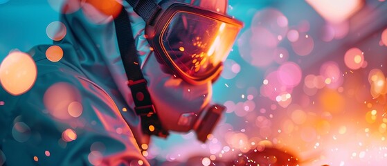 Experienced worker using advanced protective gear, managing tools in a shop, lifelike details, immersive environment, bright light effects 8K , high-resolution, ultra HD,up32K HD