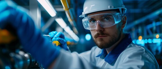 Engineer using advanced gear to test emissions, adhering to safety standards, hyperrealistic details, modern lab, bright lighting 8K , high-resolution, ultra HD,up32K HD