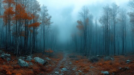 Obraz premium Dirt road leading through foggy autumn forest