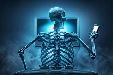 The skeleton holding the TV remote control represents wasted time and the fleeting nature of life