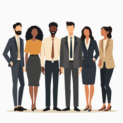 Obraz premium Vector illustration of group of business people standing. Diverse business people standing, men and women full length. Inclusive business concept. Vector illustration isolated on white background