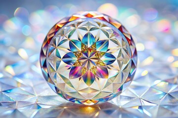 A delicate, intricately cut crystal circle lies on a soft, white background, refracting light into a kaleidoscope of colors, symbolizing purity and serenity.
