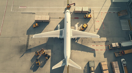Airborne Efficiency: Aerial View of Cargo Unloading at the Airport