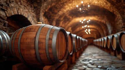 Wine cellar storing alcohol in oak barrels for production