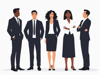 Obraz premium Vector illustration of group of business people standing. Diverse business people standing, men and women full length. Inclusive business concept. Vector illustration isolated on white background