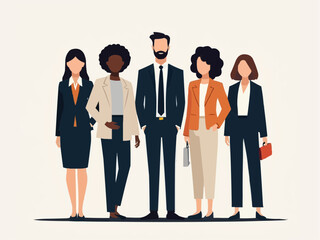 Vector illustration of group of business people standing. Diverse business people standing, men and women full length. Inclusive business concept. Vector illustration isolated on white background