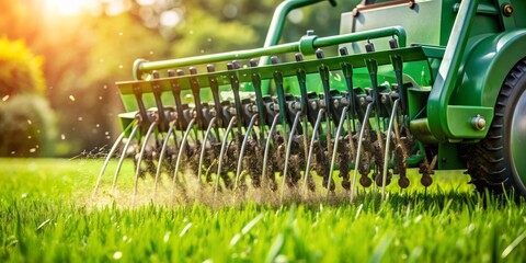 Close-up of a lawn aerator machine ripping through the lush green grass, removing plugs of soil to improve airflow, reduce soil compaction, and promote growth.