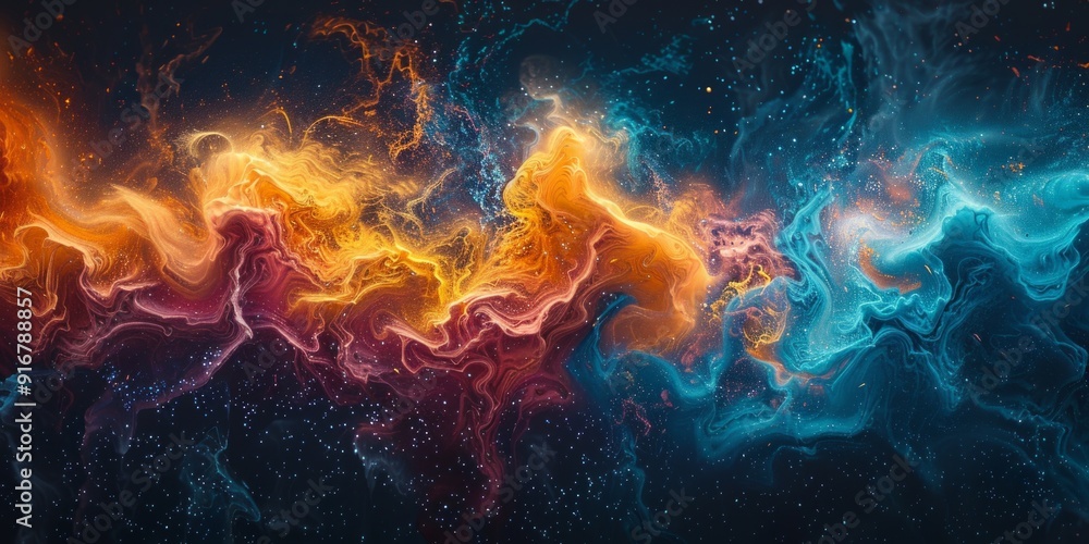 Poster abstract painting with a harmonious blend of cool and warm colors, creating a balanced and visually 